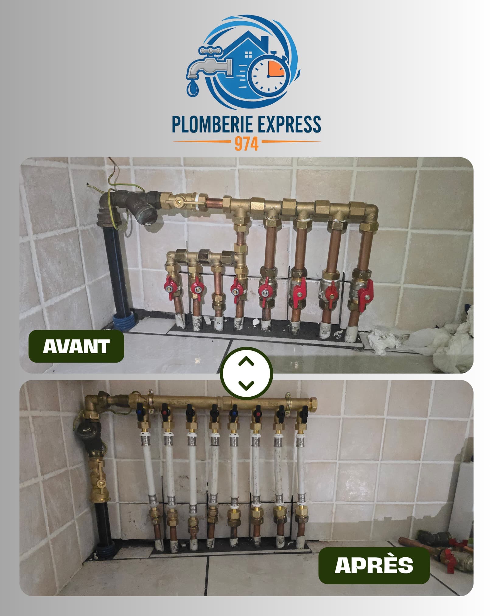 Avant / Après — Remplacement complet d'un collecteur d'eau Plomberie Express 974